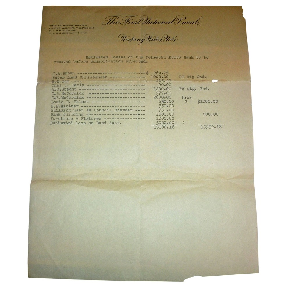 1930s Weeping Water NE First National Bank Letterhead Depression Consolidation